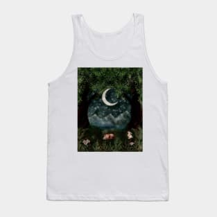 Enchanted Forest Oil Painting Mountains Mushrooms White Rabbit and Sleeping FOx Tank Top